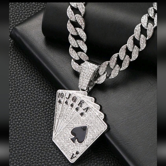 Hip Hop Iced Out Fully Rhinestone Silver Card Pendant & Cuban Chain Necklace 20" - Picture 2 of 13